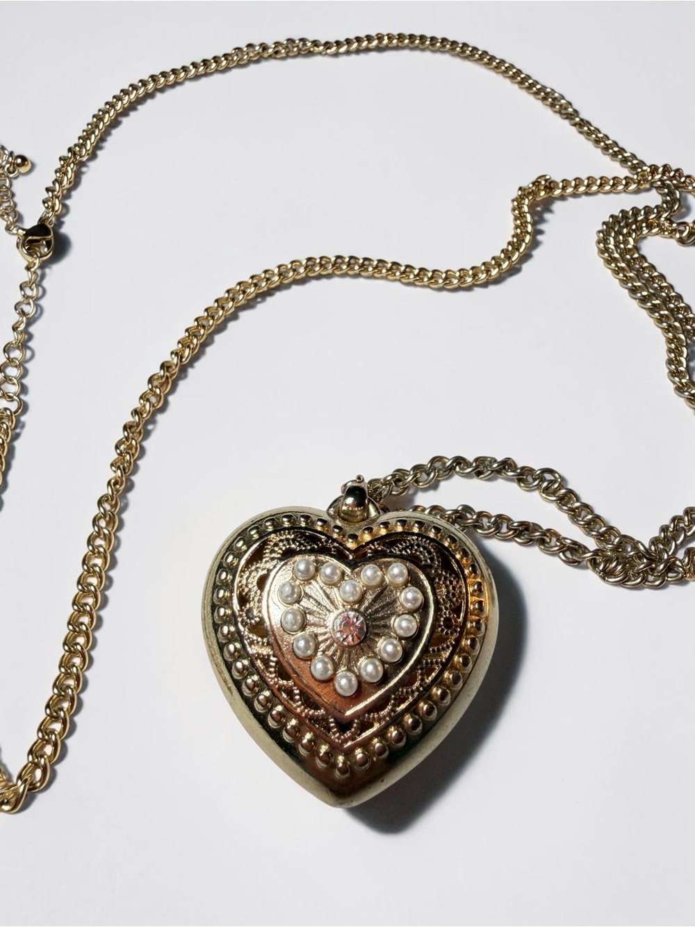 Heart Locket Necklace - Gold Tone with Pearl Accents